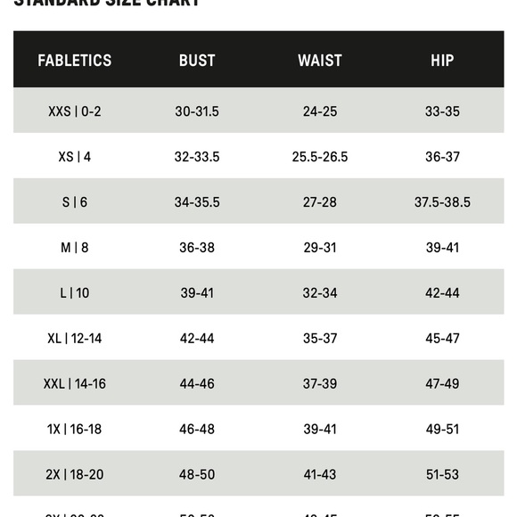 Fabletics Size Chart Guide - Picture 6 of 6